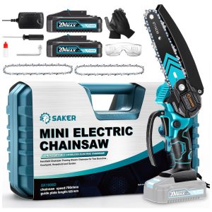 Motossera Elétrica sem Fio para Poda de Galhos com 2 Baterias 20V 1500 mAh e 3 Correntes Extras Saker Azul