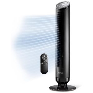 Ventilador de Torre Estilo Moderno com Controle Remoto Distância Máxima do Ar 8 Metros 4 Velocidades Temporizador de 24H e Oscilação de 90° 110V 54W Lasko OST100 Preto