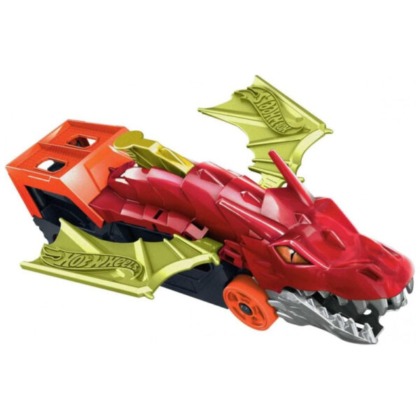 Hot Wheels City Conjunto de Pista de Carrinhos, Transportador de Lançamento do Dragão, Veículo Escala 1:64, Lançamento de Carros pela Boca da Criatura