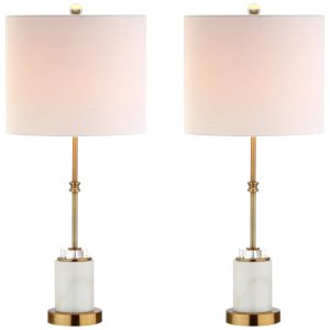 Abajur Luminária de Mesa em Mármore e Cristal Estilo Moderna Contemporânea com 68 cm de Altura para Quarto Sala de Estar e Escritório 2 Un 110V 60W JONATHAN Y Branco e Dourado