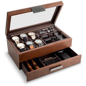 Caixa Estojo de Fibra de Carbono para Relógios com 6 Compartimentos Glenor Co Preto