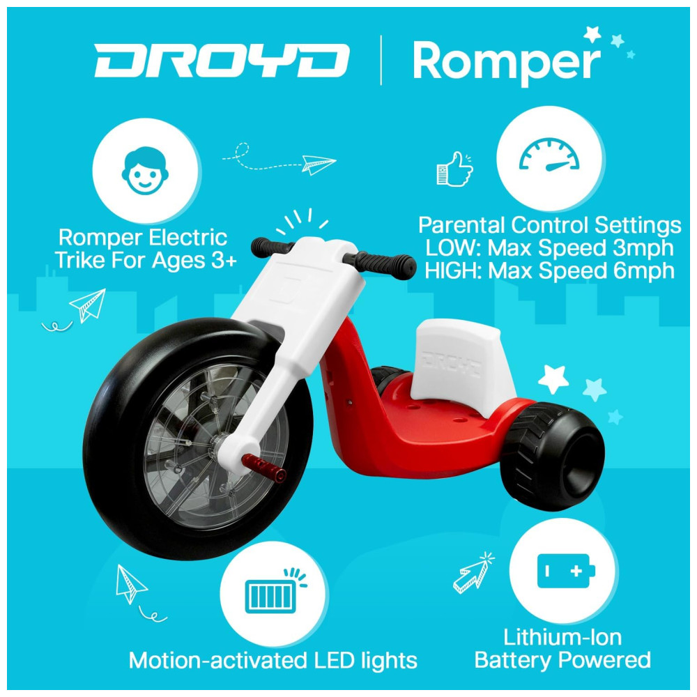 Triciclo Infantil com Controle de Velocidade dos Pais Assento Ajustável Luzes LED Multicoloridas e a Bateria de Íon de Lítio 24V Droyd Romper Vermelho - Imagem 2