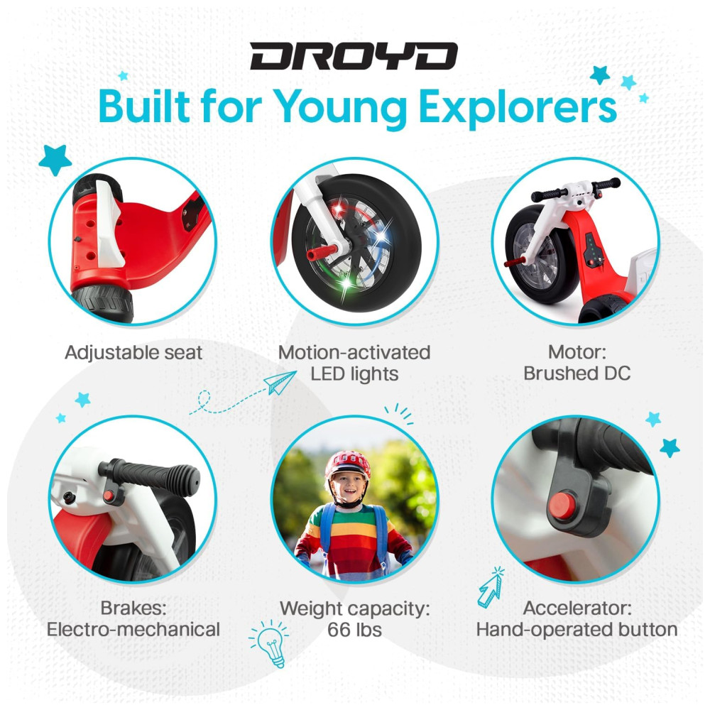 Triciclo Infantil com Controle de Velocidade dos Pais Assento Ajustável Luzes LED Multicoloridas e a Bateria de Íon de Lítio 24V Droyd Romper Vermelho - Imagem 7