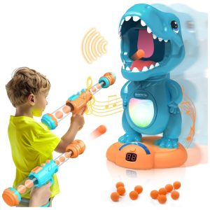 Jogo de Tiro ao Alvo Móvel de Dinossauros com 2 Lançadores LCD e 48 Bolas de Espuma para Crianças Acima de 3 Anos EagleStone Azul
