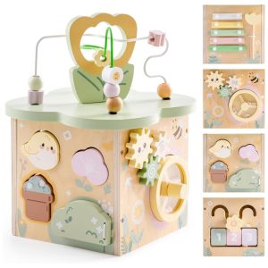 Cubo de Atividades Educativo de Madeira ROBUD Brinquedo Educativo com 7 Áreas Funcionais Tema Jardim de Flores para Meninos e Meninas de 1 Ano