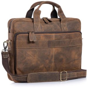 Bolsa Mensageiro de Couro para Laptop Unissex KOMALC Marrom