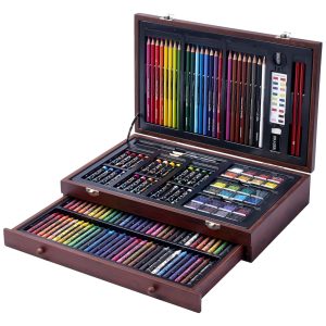 Kit Lápis de Cor Profissional com Maleta de Madeira 142 peças Tintas Acrílicas Aquarela ART 101 USA Marrom