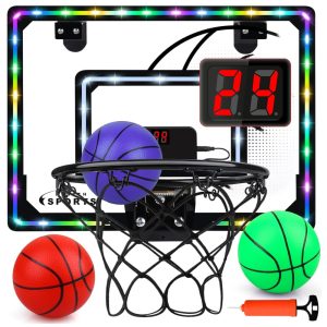 Cesta de Basquete com 3 Bolas Placar Eletrônico Luzes LED e 3 Modos de Jogo Ideal para Crianças e Adolescentes Biulotter Preto