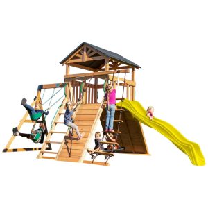 Playground Infantil de Madeira com Parede de Escalada Escorregador 2 Balanços de Cinto e 1 Balanço de Teia Backyard Discovery Amarelo