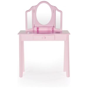 Penteadeira infantil Guidecraft rosa com espelho triplo e banquinho em madeira para brincadeiras de faz de conta