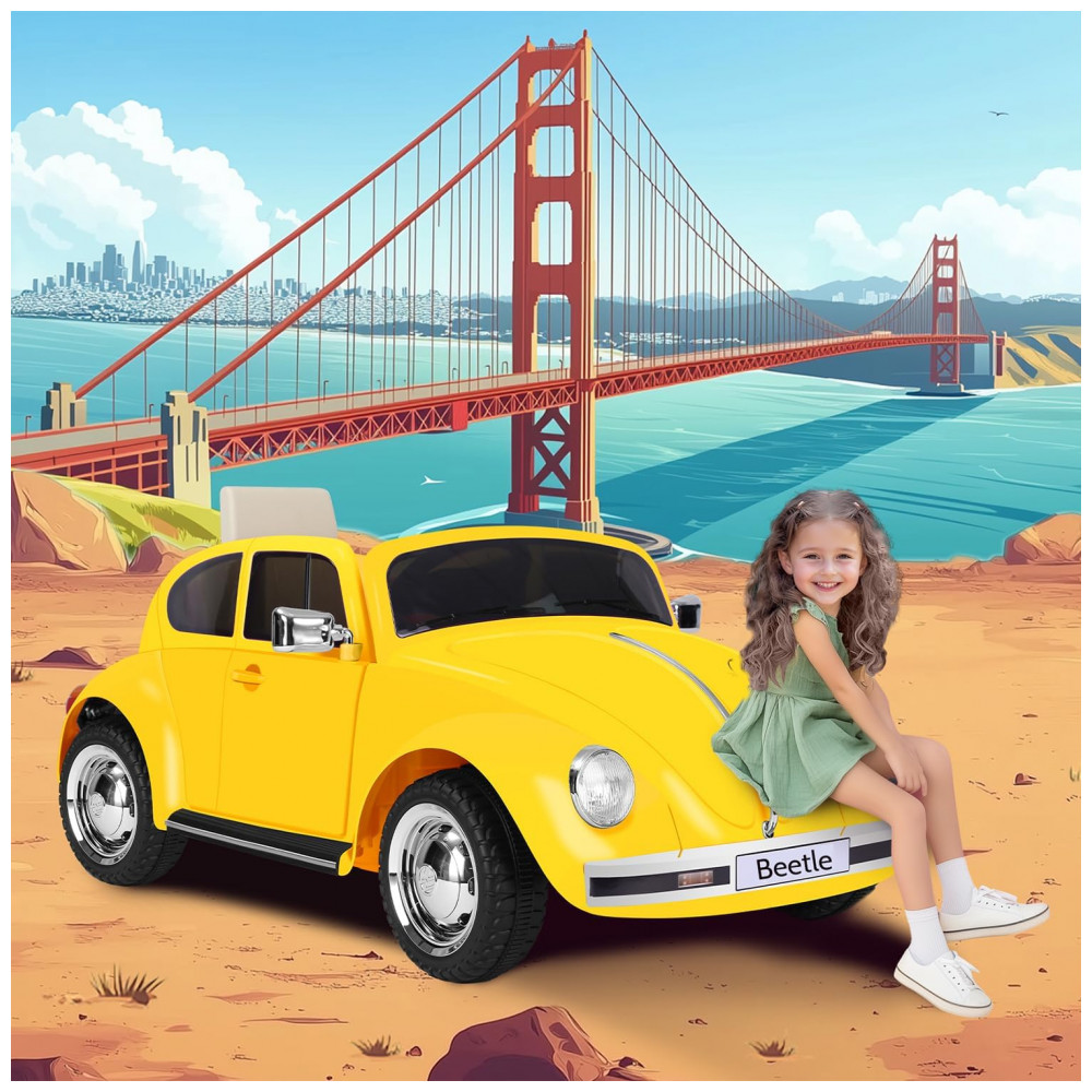 Carro Elétrico Infantil Volkswagen Beetle Forever Source Amarelo 12V Controle Remoto LED 3 Velocidades Música e autonomia de 60-90min - Imagem 2