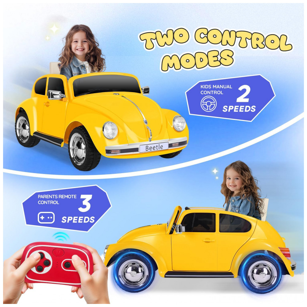 Carro Elétrico Infantil Volkswagen Beetle Forever Source Amarelo 12V Controle Remoto LED 3 Velocidades Música e autonomia de 60-90min - Imagem 3