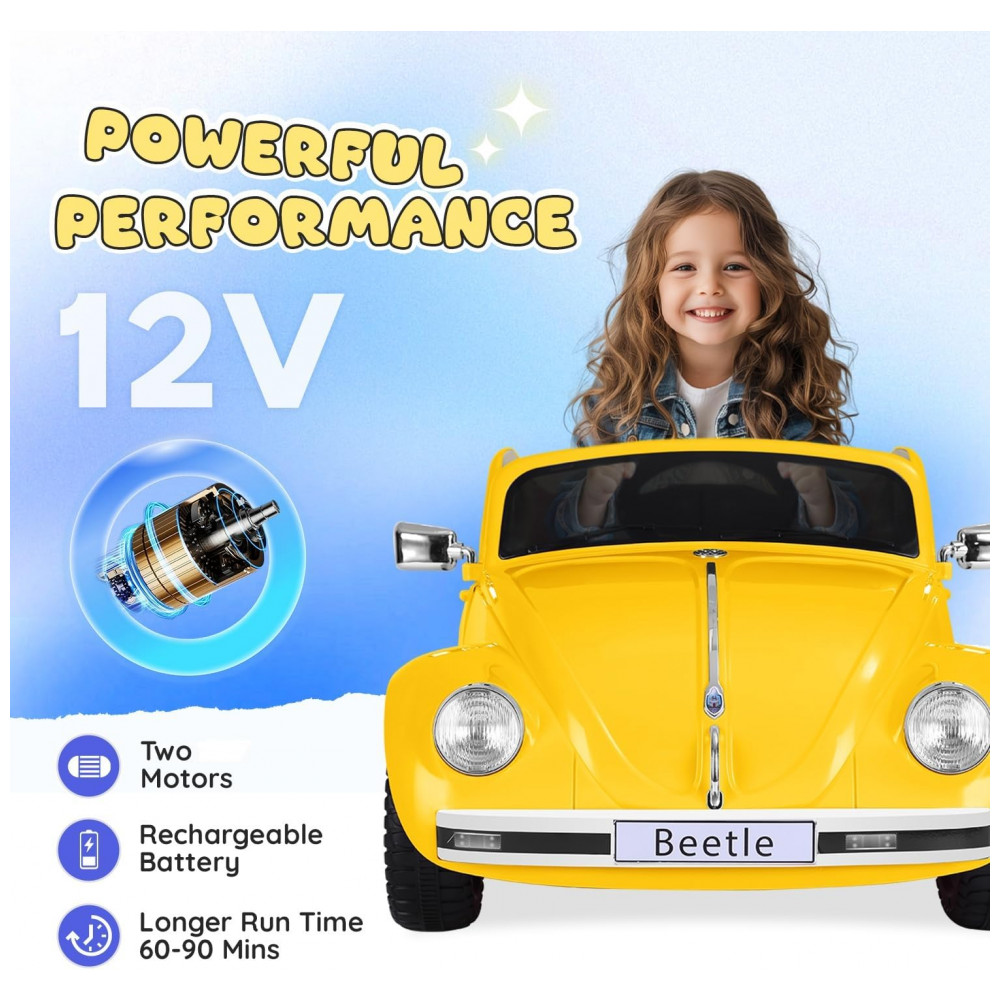 Carro Elétrico Infantil Volkswagen Beetle Forever Source Amarelo 12V Controle Remoto LED 3 Velocidades Música e autonomia de 60-90min - Imagem 4