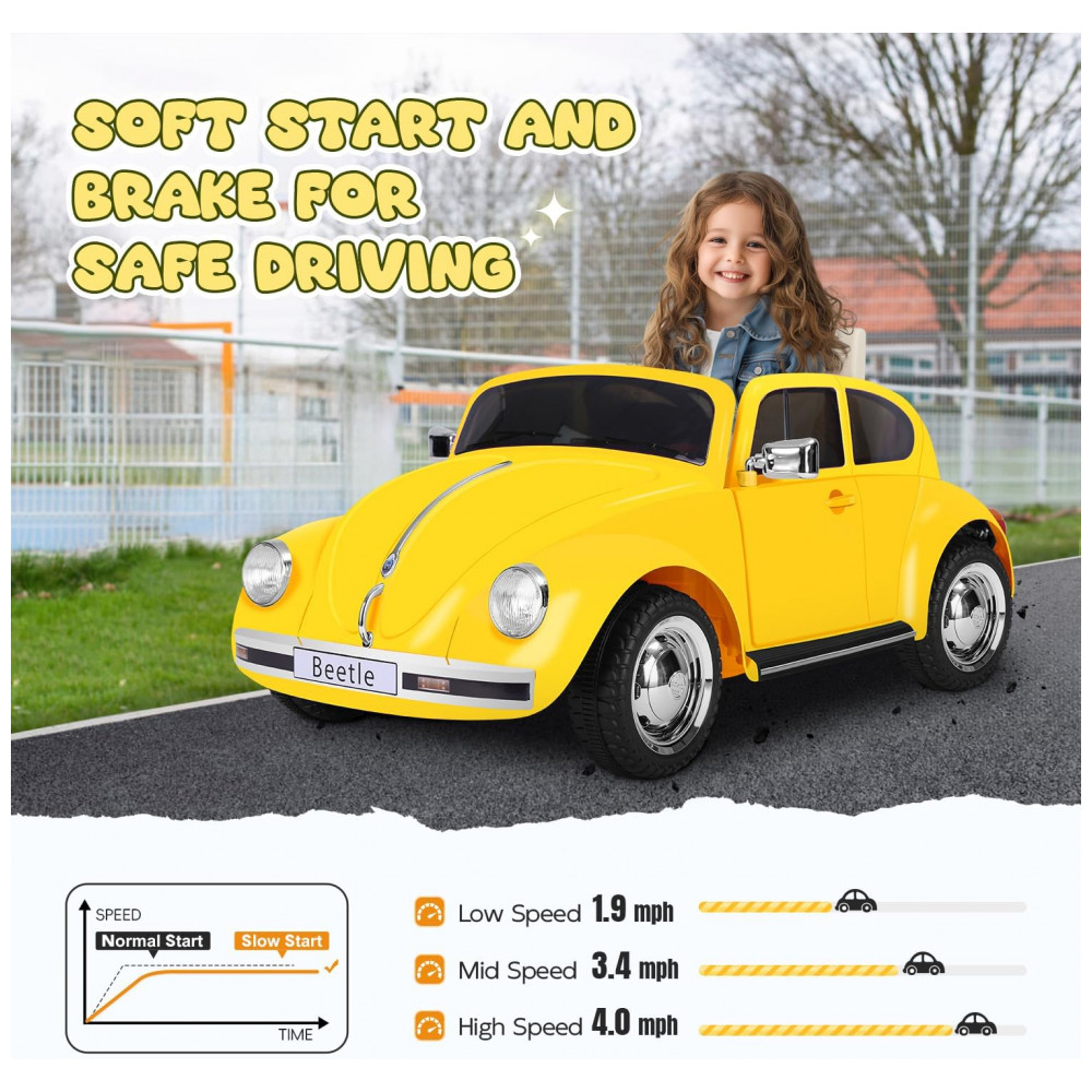 Carro Elétrico Infantil Volkswagen Beetle Forever Source Amarelo 12V Controle Remoto LED 3 Velocidades Música e autonomia de 60-90min - Imagem 5
