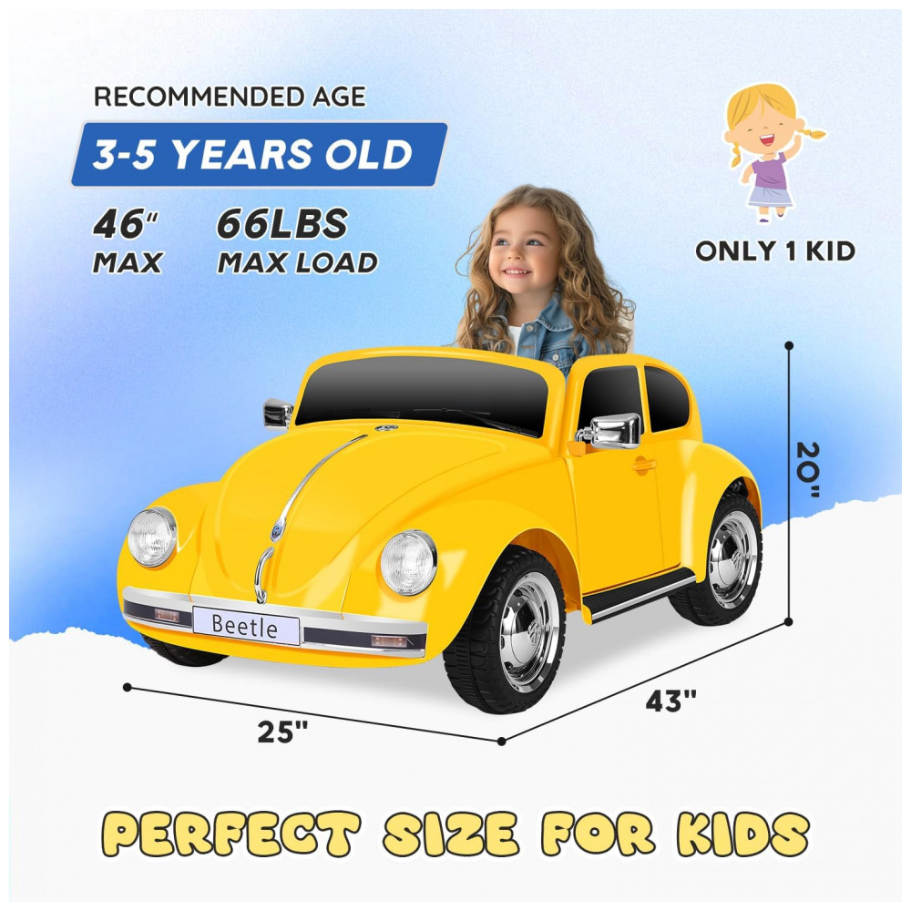 Carro Elétrico Infantil Volkswagen Beetle Forever Source Amarelo 12V Controle Remoto LED 3 Velocidades Música e autonomia de 60-90min - Imagem 6