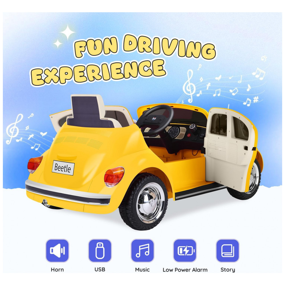 Carro Elétrico Infantil Volkswagen Beetle Forever Source Amarelo 12V Controle Remoto LED 3 Velocidades Música e autonomia de 60-90min - Imagem 8
