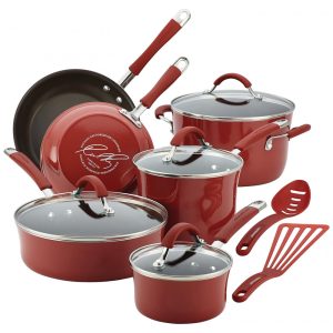 Conjunto de Panelas e Frigideiras Antiaderentes em Alumínio com Utensílios 12 Peças Rachael Ray Vermelho Escuro