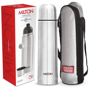 Garrafa Térmica para Água 1L em Aço Inoxidável Isolada a Vácuo de Parede Dupla com Tampa à Prova de Vazamentos sem BPA e Bolsa Térmica Milton Prata