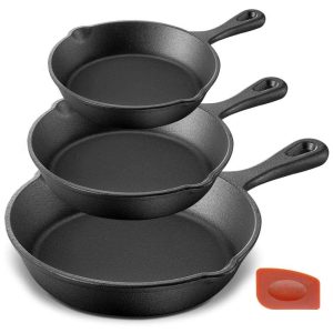 Conjunto de Frigideiras de Ferro Fundido Profissional com Alças de Silicone 3 Peças NUTRICHEF NCCI76 Preto