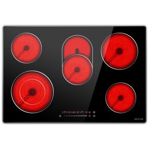 Cooktop Elétrico Noxton 76 cm 8400W 5 Bocas Embutido Fogão Elétrico Radiante Vidro Temperado Controle Touch e Moldura Metálica