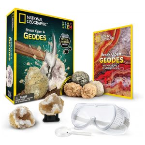National Geographic Kit Científico Quebre 4 Geodos Multicor – Experimento de Cristais com Óculos de Proteção e Suporte de Exposição