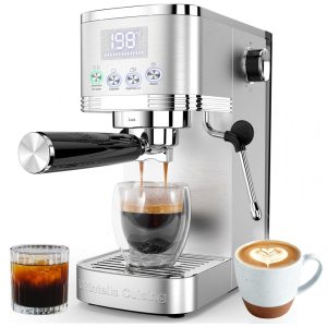 Máquina de Café Expresso 20 Bar com Display LED Vaporizador de Leite e Filtro de Cápsula ESE 110V 1350W URintells Prata
