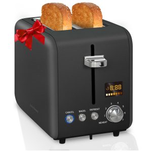 Torradeira Elétrica 2 Fatias com 7 Níveis de Tostagem Visor de LED Função Descongelar e Bandeja de Migalhas Removível 110V 900W SEEDEEM Preta