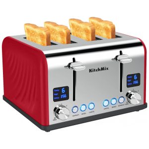 Torradeira Elétrica de 4 Fatias em Aço Inoxidável e Temporizador LCD 110V 1650W KitchMix Vermelha