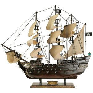 Barco Decorativo Pérola Negra de Madeira Escala 1:190 com Acabamento em Nogueira Antigo e Velas Bege HOME DECOR SAILINGSTORY
