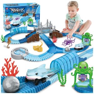 Pista de Corrida com 183 Peças Tema de Oceano Carro Tubarão Flexível e Dobrável para Crianças Acima de 3 Anos VATOS Azul