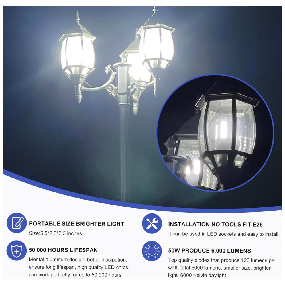 Lâmpada LED Corn 50W (2 un) Elivern, 6000 lúmens, 6000K daylight, base E26/E27, ideal para garagem, fábrica, galpão e área externa. - Imagem 4