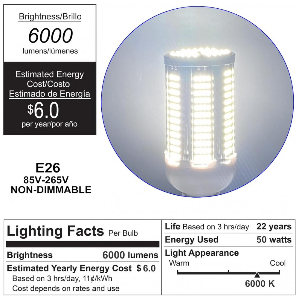 Lâmpada LED Corn 50W (2 un) Elivern, 6000 lúmens, 6000K daylight, base E26/E27, ideal para garagem, fábrica, galpão e área externa. - Imagem 6