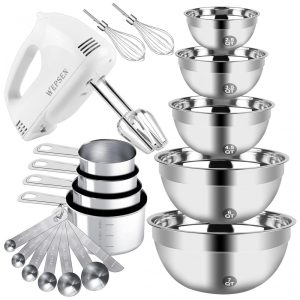 Batedeira Elétrica com 5 Tigelas em Aço Inox e Colheres Medidoras 110V 150W WEPSEN Branca