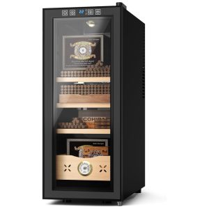 Umidor elétrico EUHOMY capacidade de 35L para 255 charutos com controle de temperatura madeira de cedro espanhol 4 camadas e higrômetro digital.