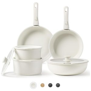 Jogo de Panelas e Frigideiras em Granito com Alça Removível e Revestimento Antiaderente 11 Peças CAROTE Creme Branco