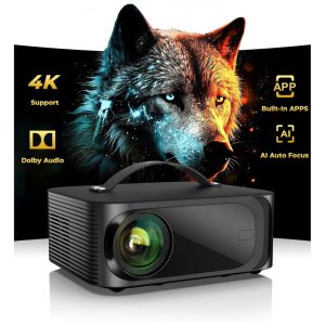 Projetor Outdoor 4K com Wi-Fi 6 e Bluetooth Smart TV OS Dolby Audio Portátil ONOAYO 1080P com 300 Polegadas de Tela - Preto