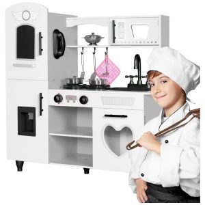 Cozinha Infantil em Madeira com 7 Utensílios Luzes e Sons Realistas para Crianças Acima de 3 Anos TaoHFE Branca