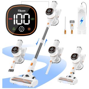 Aspirador de Pó Sem Fio Tikom V500 para Casa 40 kPa 450W com Tela LED Touch Base de Carregamento na Parede Anti-Emaranhado Leve para Pêlos de Animais