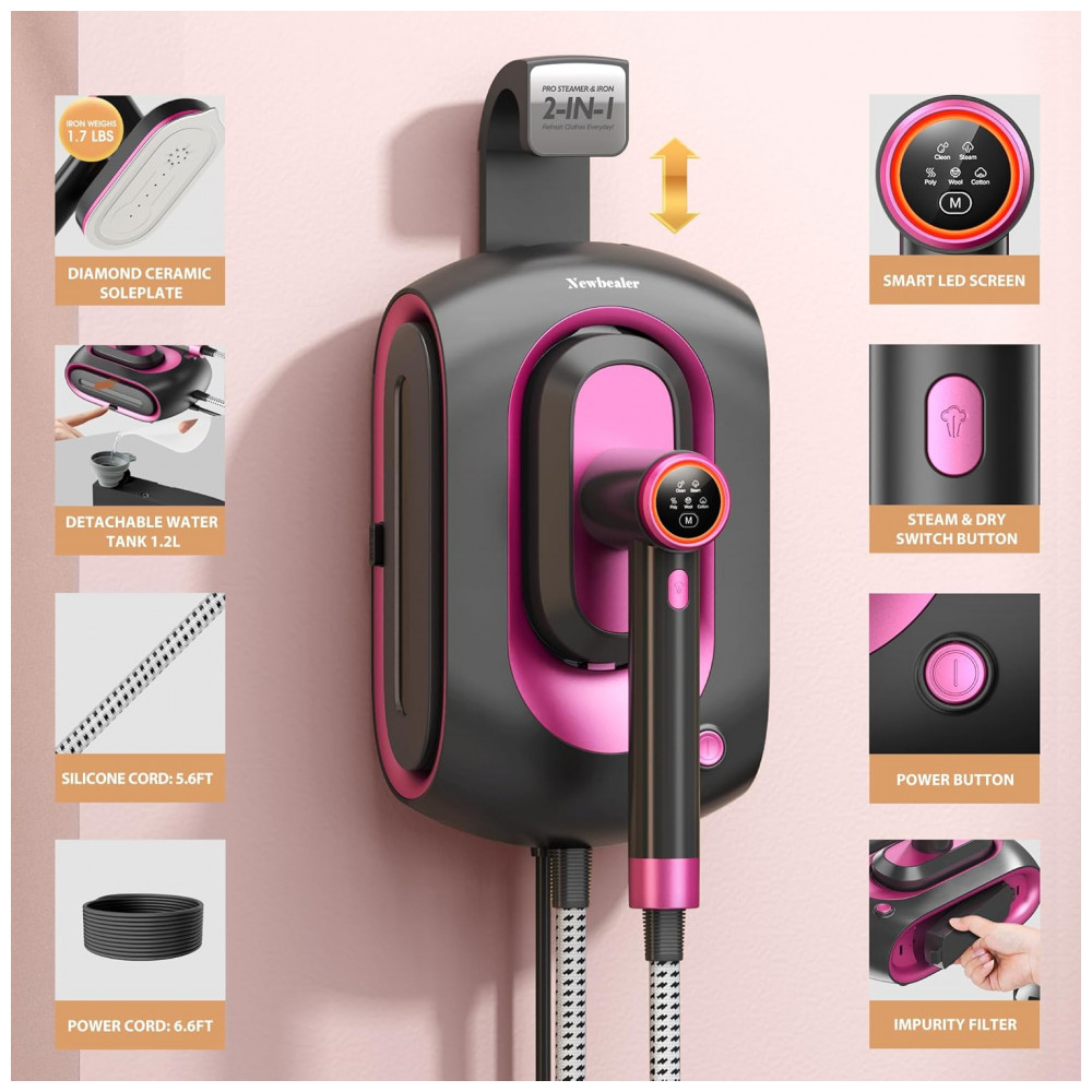 Passadeira,Steamer e Vaporizador Newbealer 2 em 1 Pro Steam Station, 1550W, Turbo de 3 Níveis, Vapor Seco para Roupas, - Imagem 4