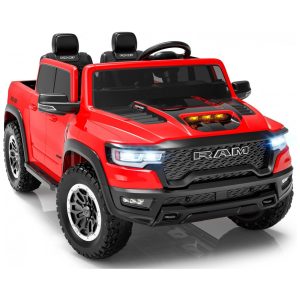 Carro Elétrico Infantil RAM 1500 24V Vermelho 2 Lugares com Controle Remoto Bluetooth Luzes LED Baú e Cinto de Segurança