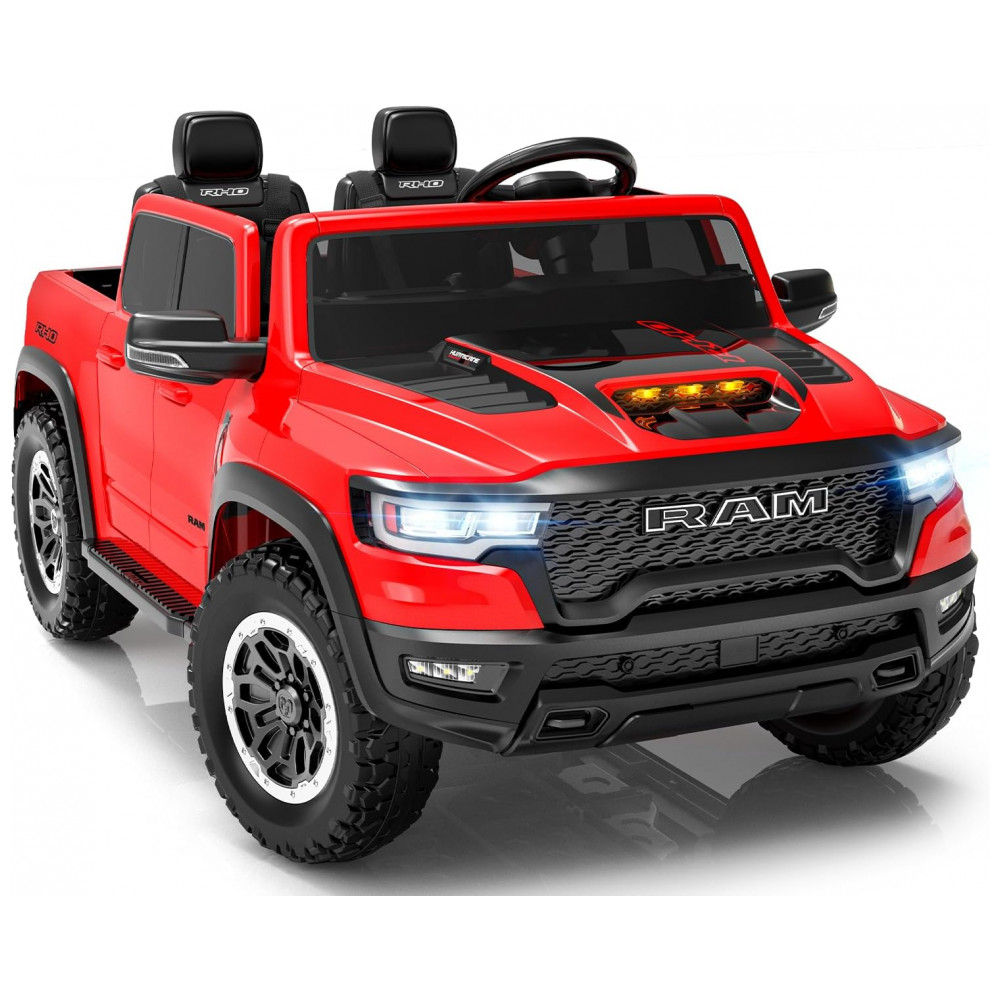 Carro Elétrico Infantil RAM 1500 24V Vermelho 2 Lugares com Controle Remoto, Bluetooth, Luzes LED, Baú e Cinto de Segurança
