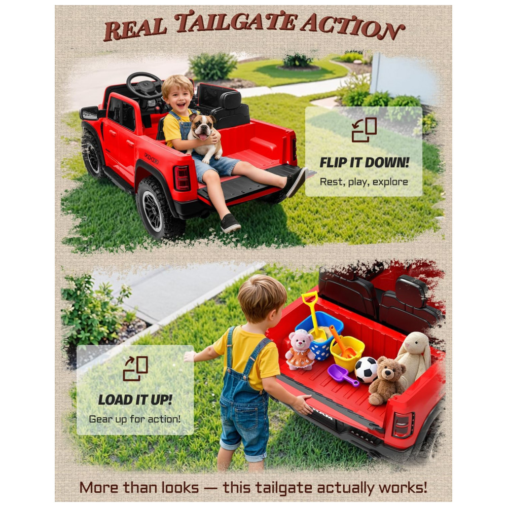 Carro Elétrico Infantil RAM 1500 24V Vermelho 2 Lugares com Controle Remoto, Bluetooth, Luzes LED, Baú e Cinto de Segurança - Imagem 3