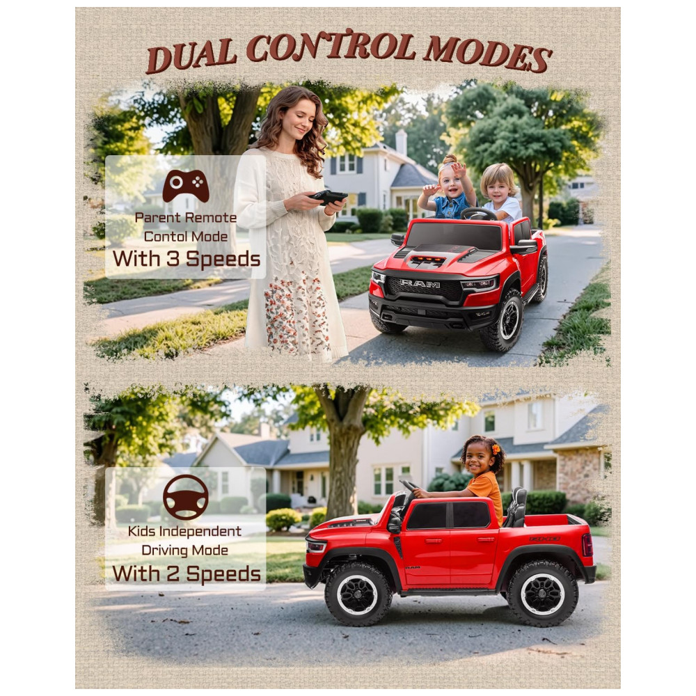 Carro Elétrico Infantil RAM 1500 24V Vermelho 2 Lugares com Controle Remoto, Bluetooth, Luzes LED, Baú e Cinto de Segurança - Imagem 4