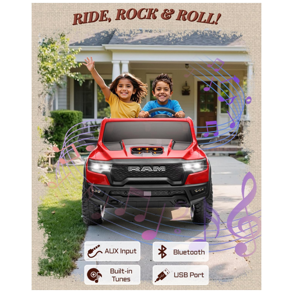 Carro Elétrico Infantil RAM 1500 24V Vermelho 2 Lugares com Controle Remoto, Bluetooth, Luzes LED, Baú e Cinto de Segurança - Imagem 5