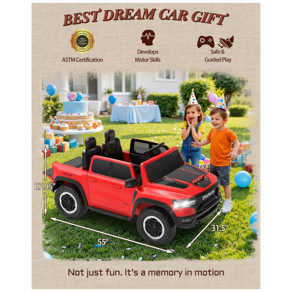 Carro Elétrico Infantil RAM 1500 24V Vermelho 2 Lugares com Controle Remoto, Bluetooth, Luzes LED, Baú e Cinto de Segurança - Imagem 6