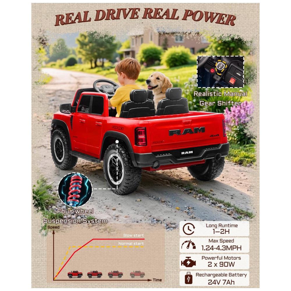 Carro Elétrico Infantil RAM 1500 24V Vermelho 2 Lugares com Controle Remoto, Bluetooth, Luzes LED, Baú e Cinto de Segurança - Imagem 7