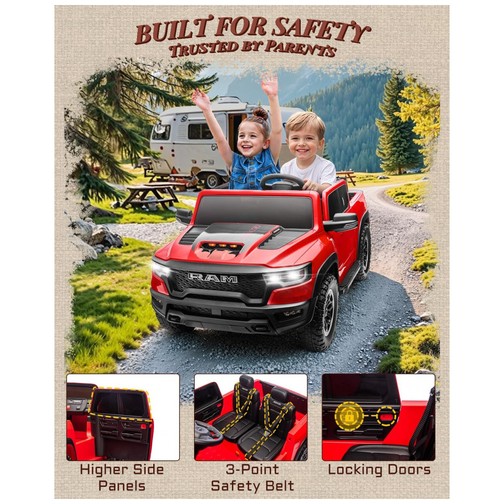 Carro Elétrico Infantil RAM 1500 24V Vermelho 2 Lugares com Controle Remoto, Bluetooth, Luzes LED, Baú e Cinto de Segurança - Imagem 8