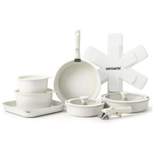 Jogo de Panelas e Frigideiras Antiaderentes Material em Alumínio com 17 Peças e Cabo Removível SENSARTE Branco