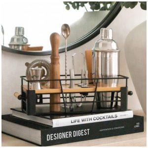 Kit Bartender Profissional 11 Peças em Aço Inoxidável com Suporte de Bambu ROYALE MIX Prata