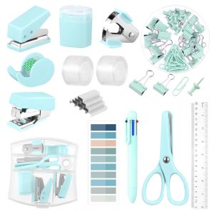 Kit mini escritório auroray verde turquesa com grampeador furador dispenser de fita clips e bloco de notas